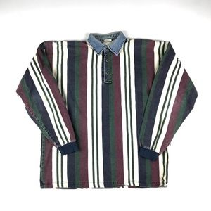 🚨 NOT SELLING — ISO 🚨VINTAGE STRUCTURE HENLEY STRIPED MENS SHIRT DENIM COLLAR